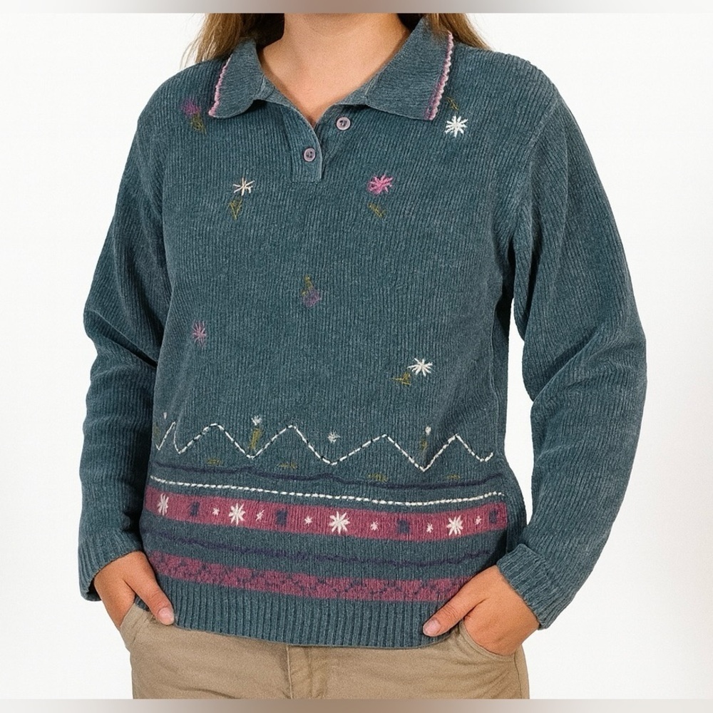 Alfred Dunner Teal Embroidered Women's Sweater